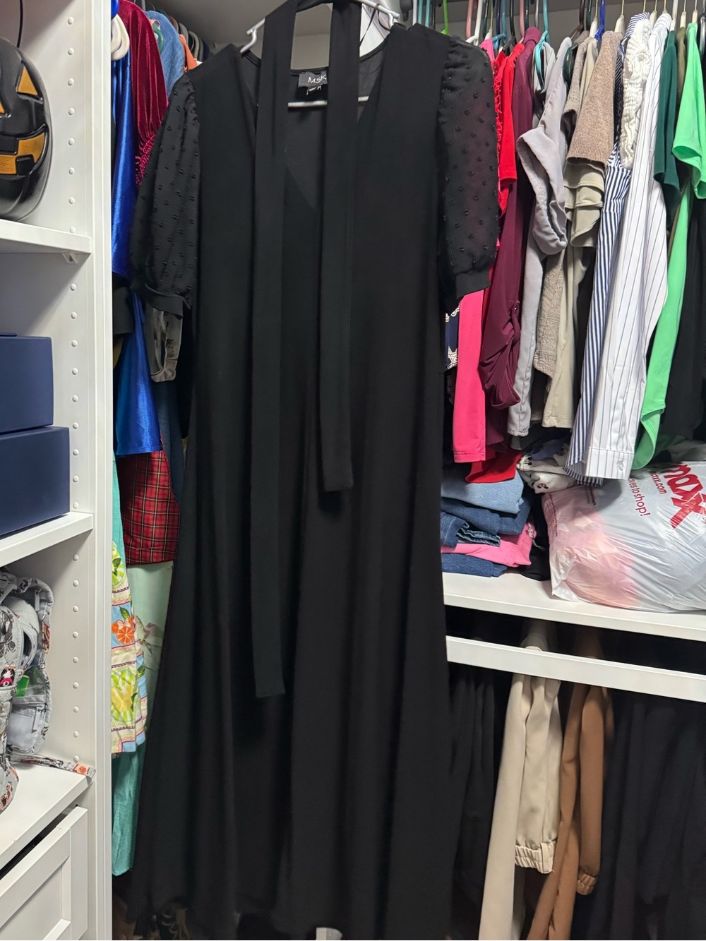Black Midi Dress with Puff Sleeves and Belt